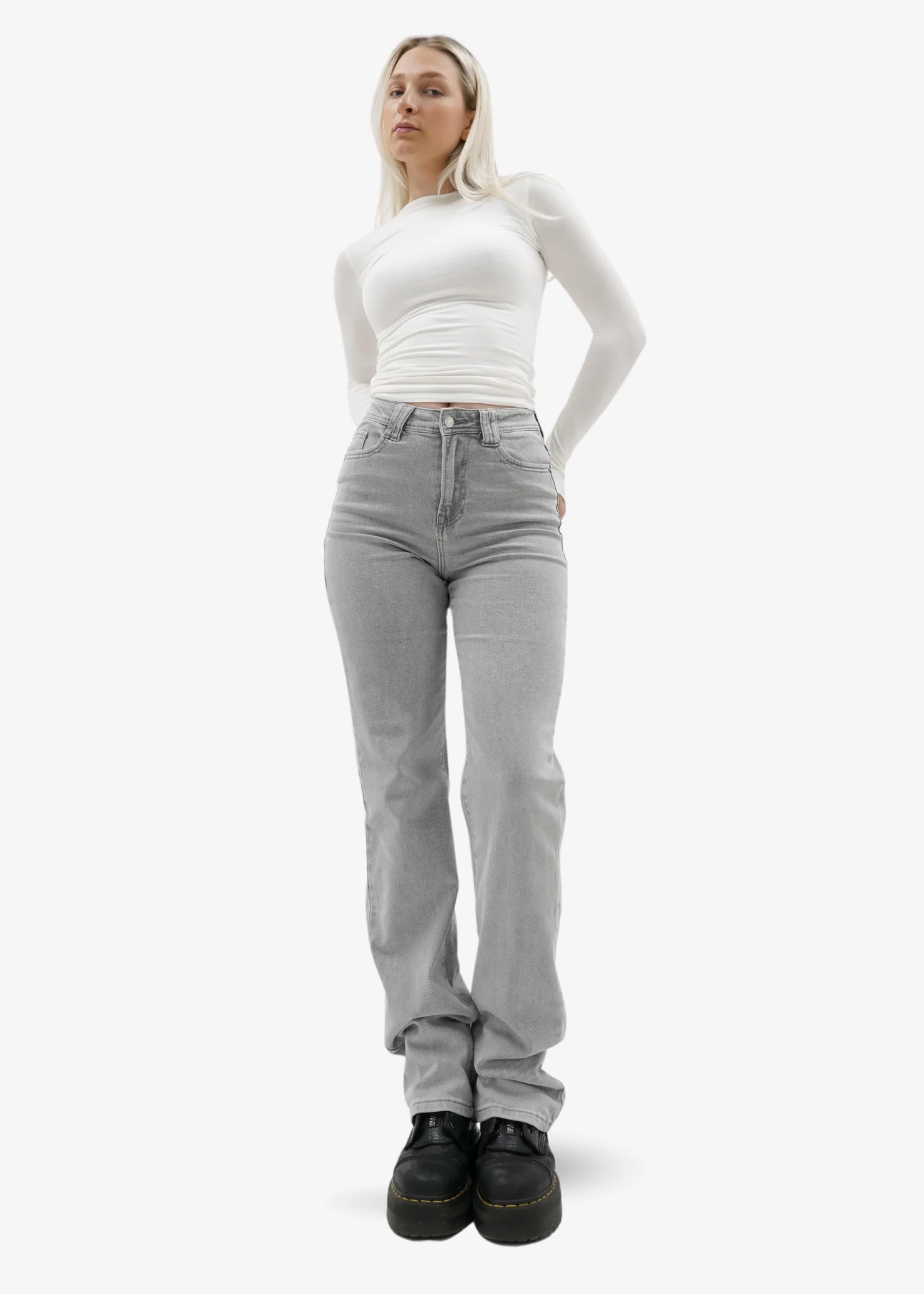 Stretch high waist straight leg jeans light grey (tall) - Image 4